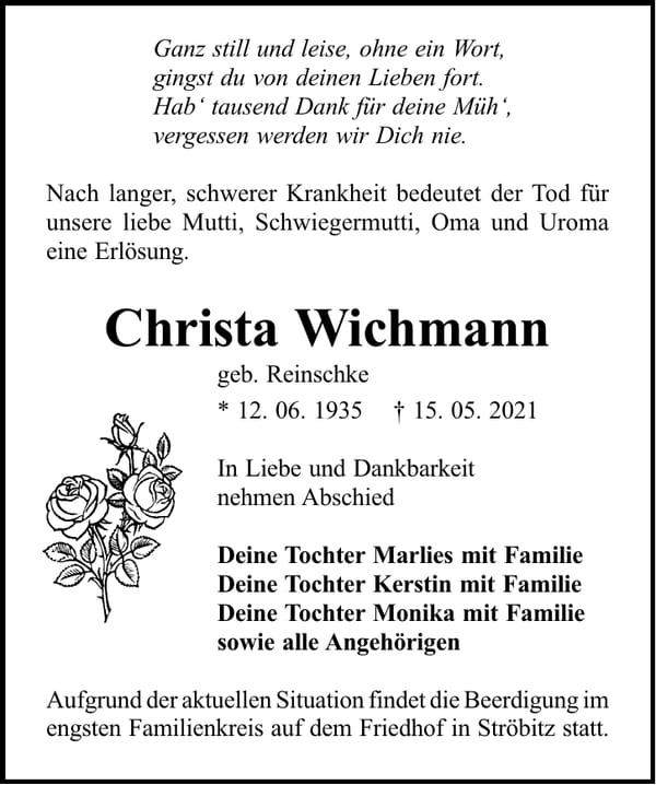 Traueranzeige Christa Wichmann, geb. Reinschke