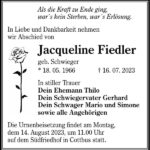 Traueranzeige Jacqueline Fiedler, geb. Schwieger