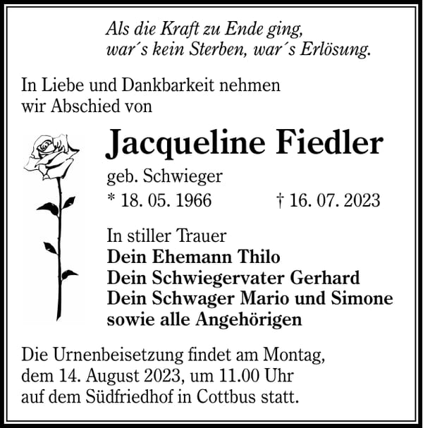 Traueranzeige Jacqueline Fiedler, geb. Schwieger