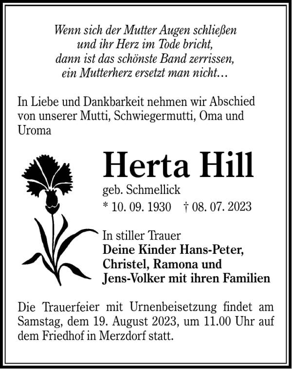 Traueranzeige Herta Hill, geb. Schmellick