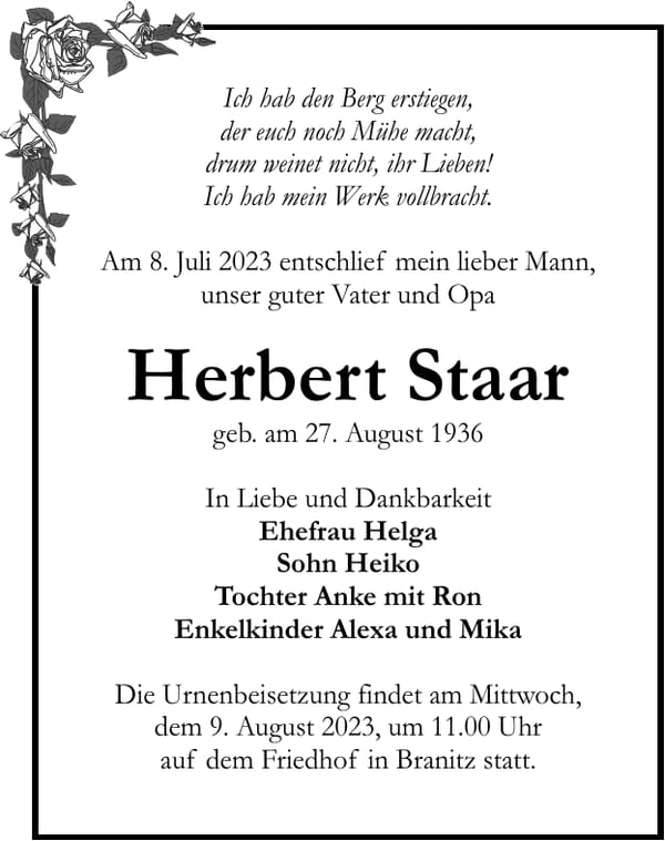 Traueranzeige Herbert Staar