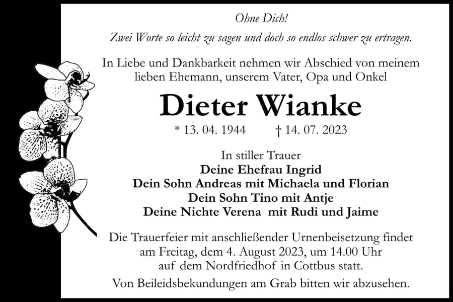 Traueranzeige Dieter Wianke