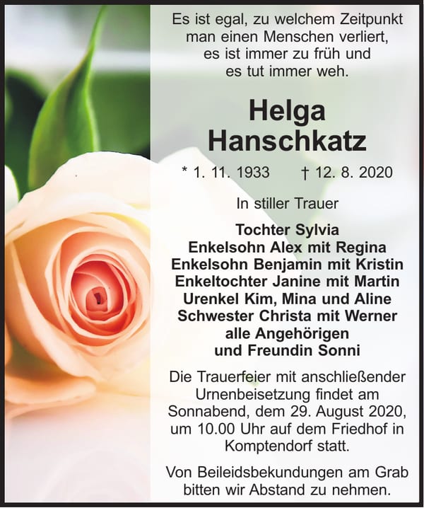 Traueranzeige Helga Hanschkatz