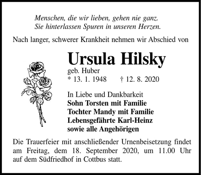 Traueranzeige Ursula Hilsky, geb. Huber
