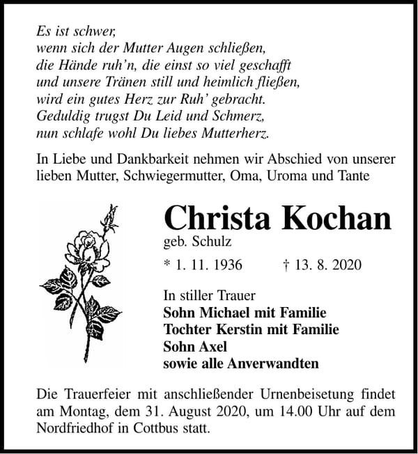 Traueranzeige Christa Kochan, geb. Schulz