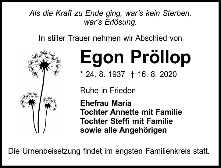 Traueranzeige Egon Pröllop