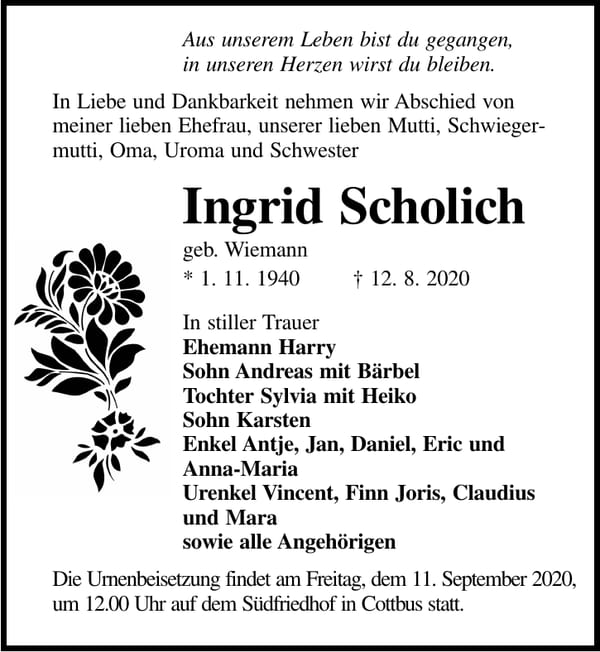 Traueranzeige Ingrid Scholich, geb. Wiemann