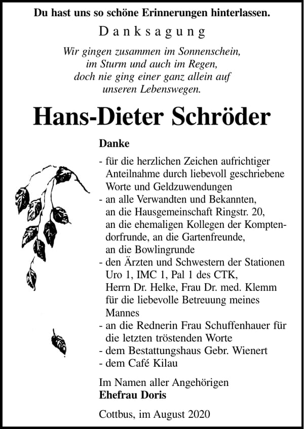 Danksagung Hans-Dieter Schröder
