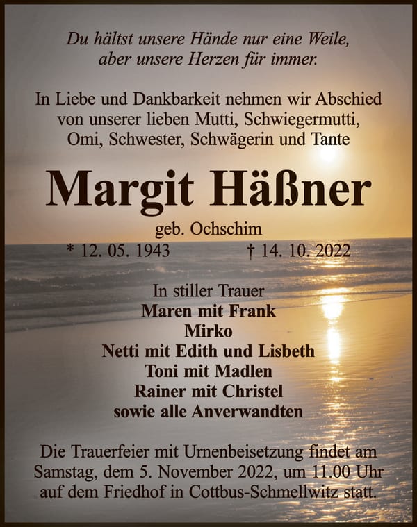 Traueranzeige Margit Häßner, geb. Ochschim
