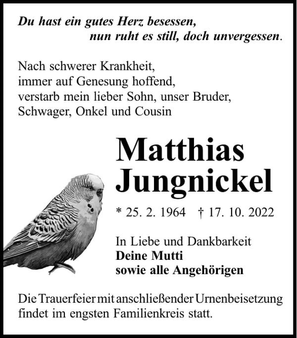 Traueranzeige Matthias Jungnickel