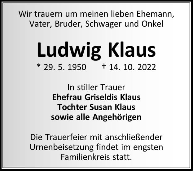 Traueranzeige Ludwig Klaus