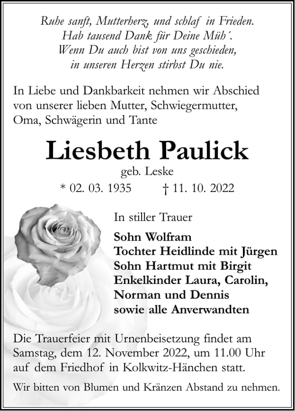 Traueranzeige Liesbeth Paulick, geb. Leske