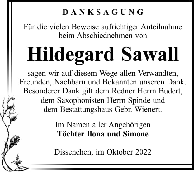 Danksagung Hildegard Sawall