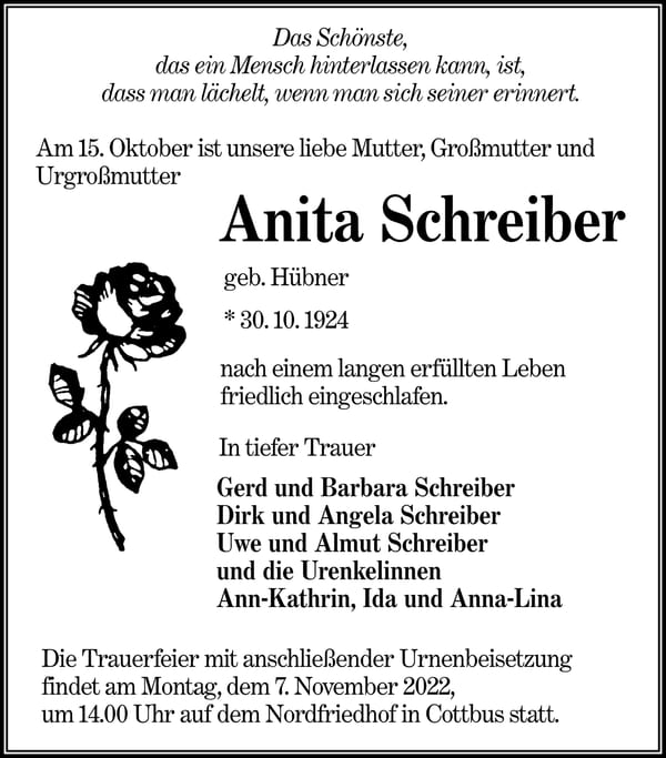 Traueranzeige Anita Schreiber, geb. Hübner
