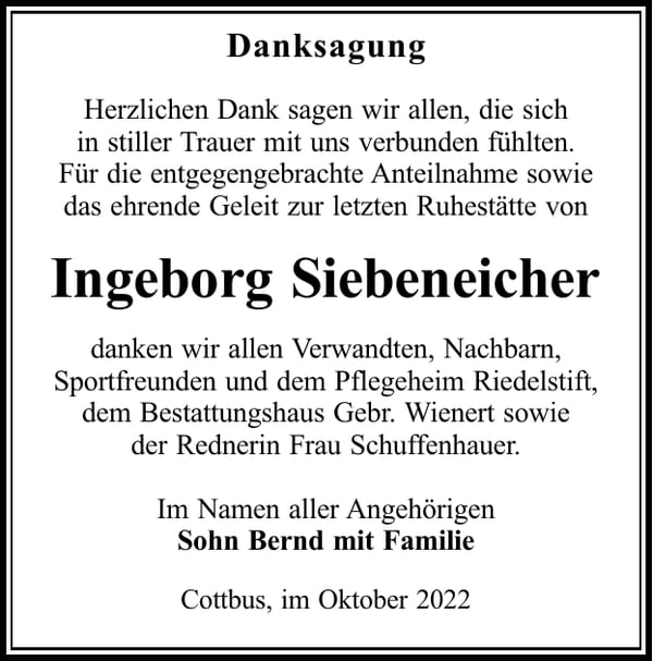 Danksagung Ingeborg Siebeneicher