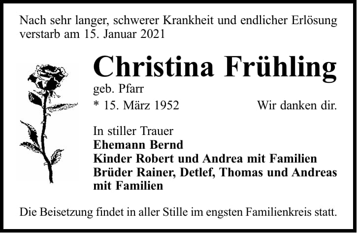 Traueranzeige Christina Frühling, geb. Pfarr