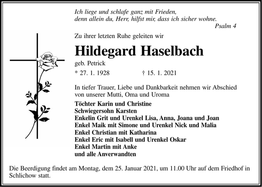 Traueranzeige Hildegard Haselbach, geb. Petrick