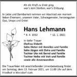 Traueranzeige Hans Lehmann