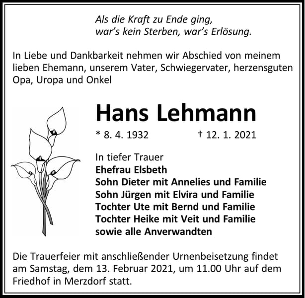 Traueranzeige Hans Lehmann