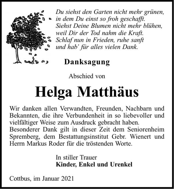 Danksagung Helga Matthäus