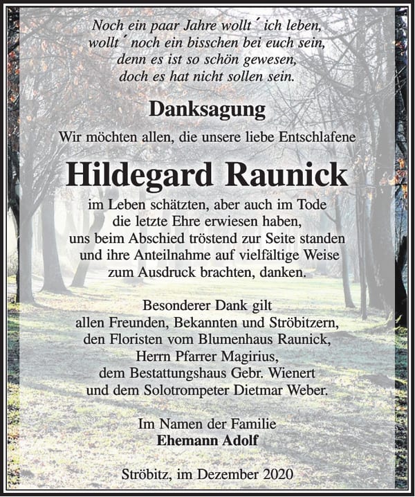 Danksagung Hildegard Raunick