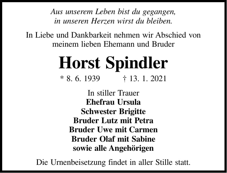 Traueranzeige Horst Spindler