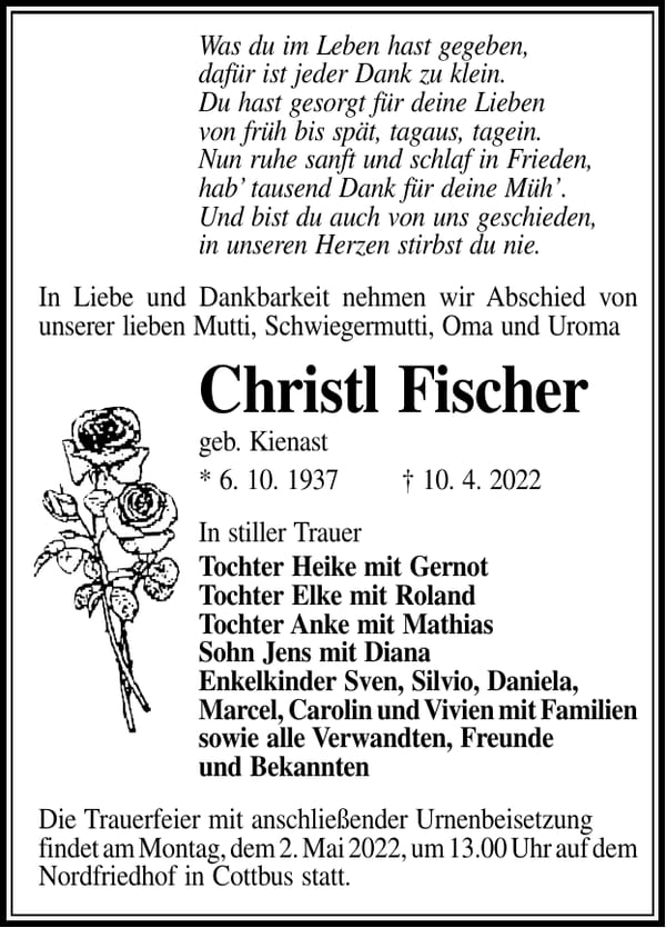 Traueranzeige Christl Fischer, geb. Kienast