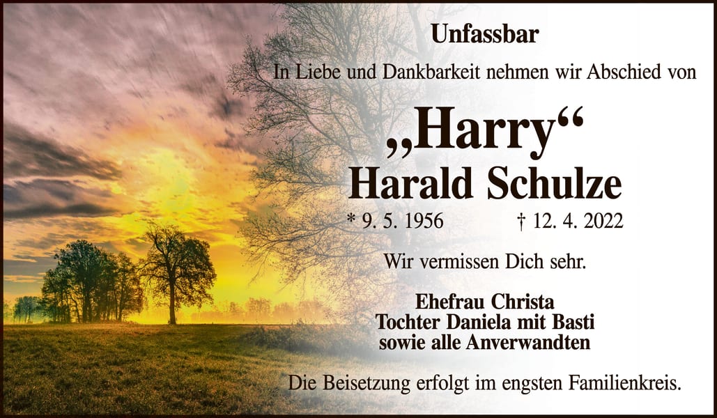 Traueranzeige Harald „Harry“ Schulze