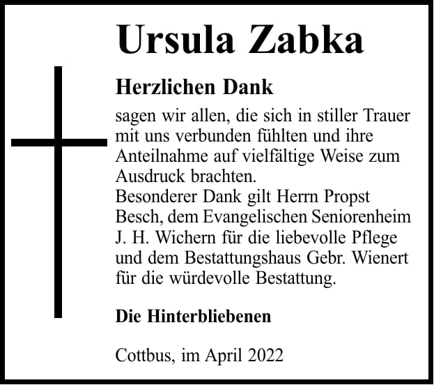 Danksagung Ursula Zabka