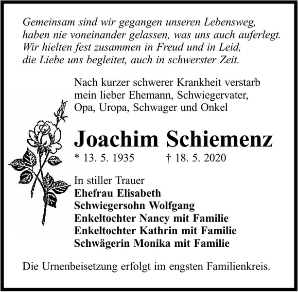 Traueranzeige Joachim Schiemenz