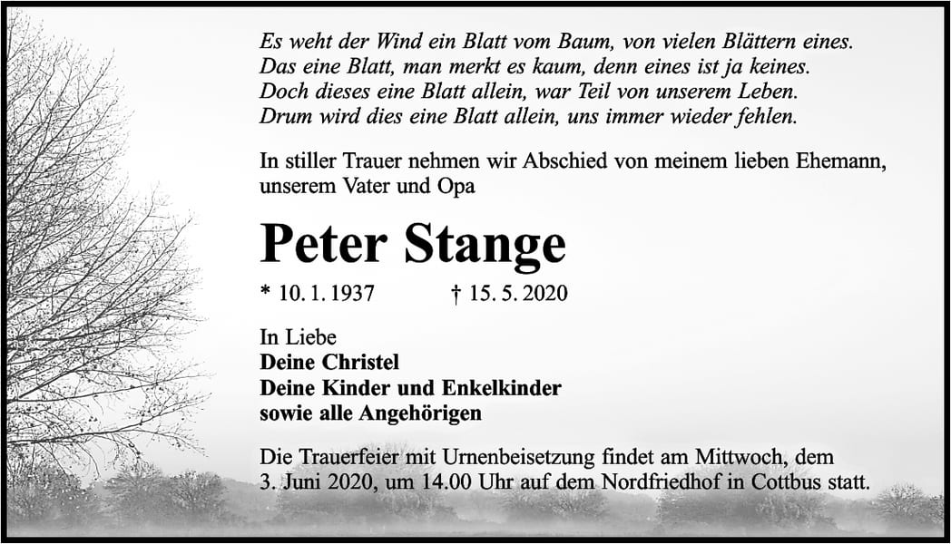 Traueranzeige Peter Stange