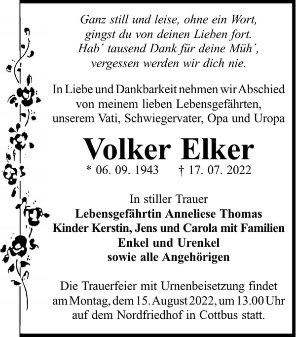 Traueranzeige Volker Elker