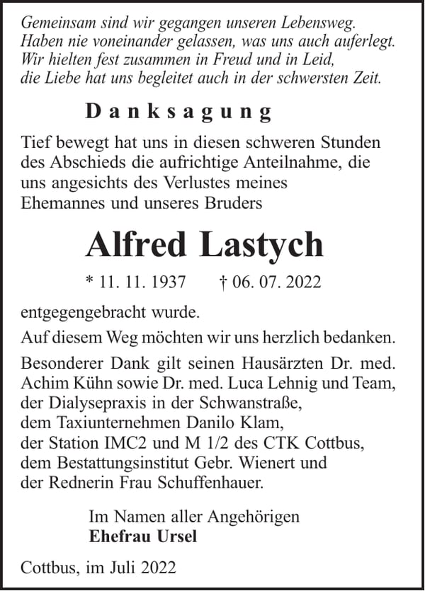 Danksagung Alfred Lastych