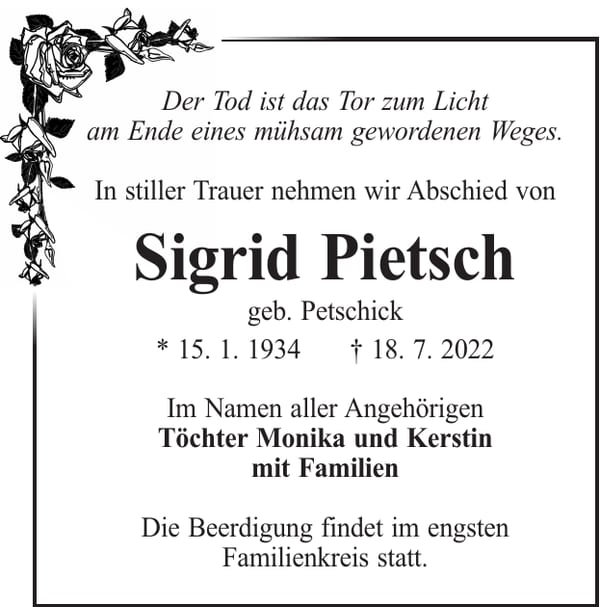 Traueranzeige Sigrid Pietsch, geb. Petschick