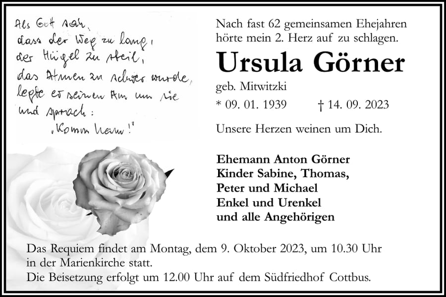 Traueranzeige Ursula Görner, geb. Mitwitzki