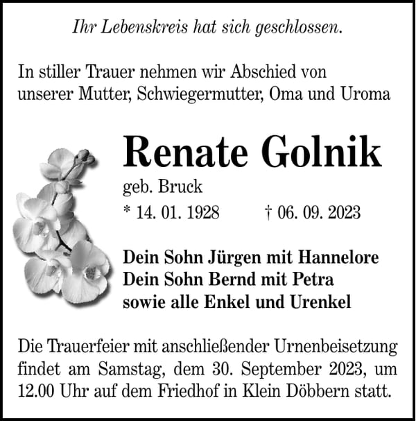 Traueranzeige Renate Golnik, geb. Bruck