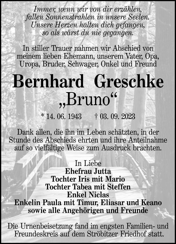 Traueranzeige Bernhard Greschke