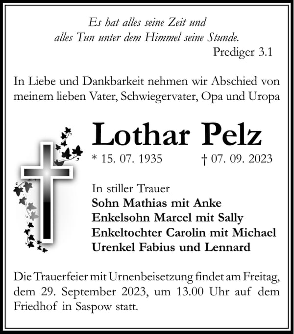Traueranzeige Lothar Pelz