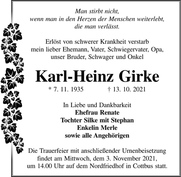 Traueranzeige Karl-Heinz Girke