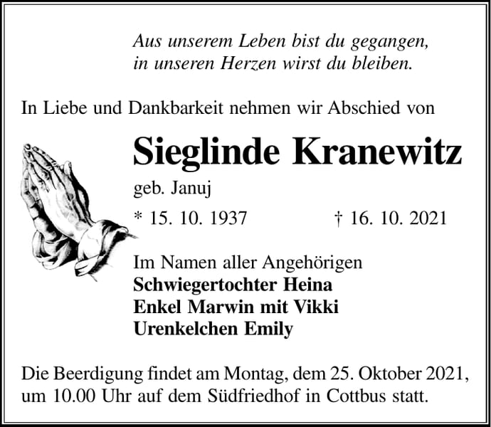 Traueranzeige Sieglinde Kranewitz, geb. Januj
