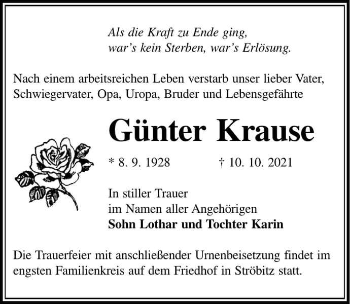 Traueranzeige Günter Krause