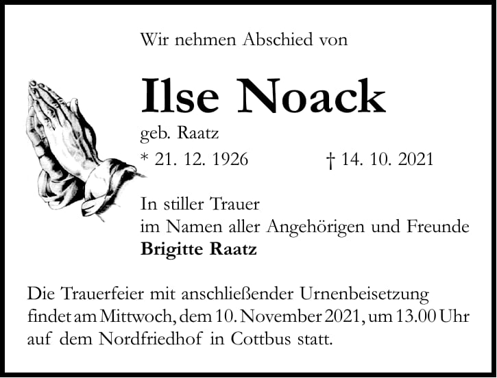 Traueranzeige Ilse Noack, geb. Raatz