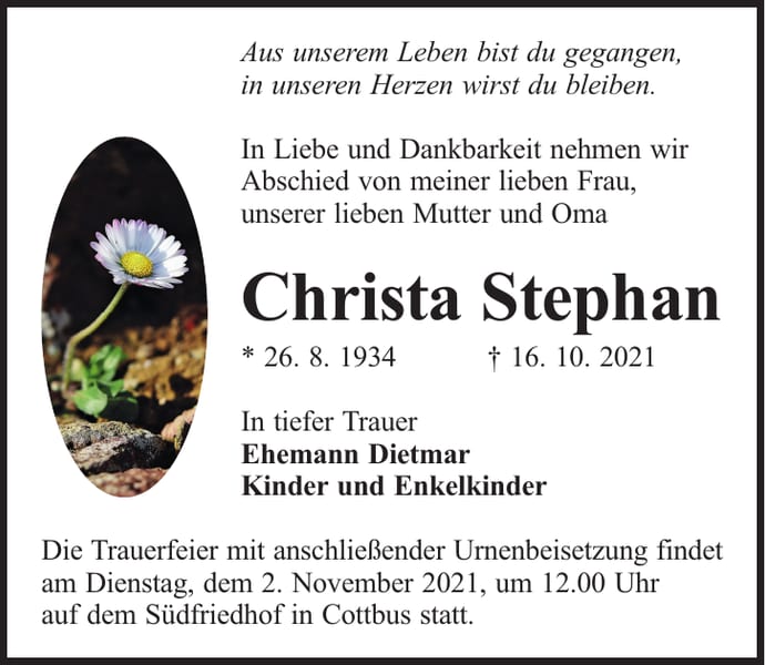 Traueranzeige Christa Stephan