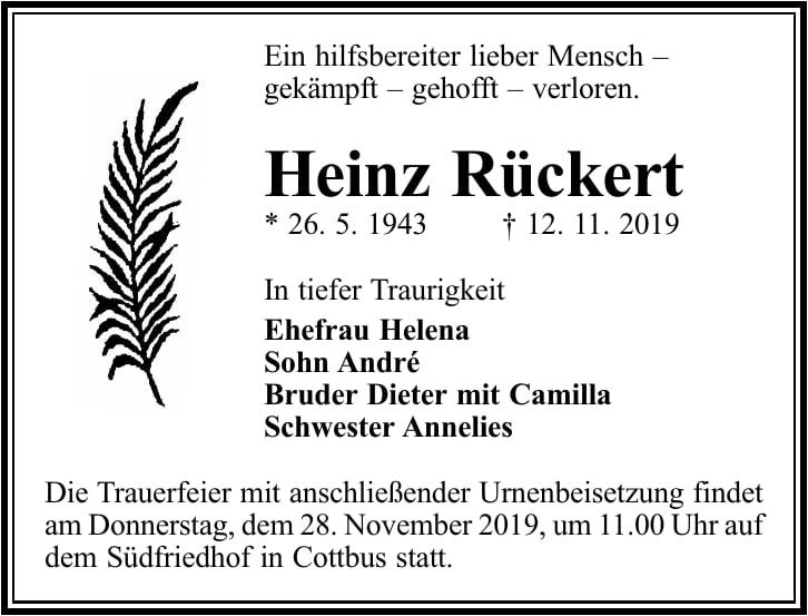 Traueranzeige Heinz Rückert