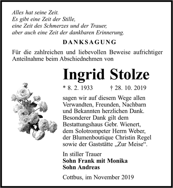 Traueranzeige Ingrid Stolze