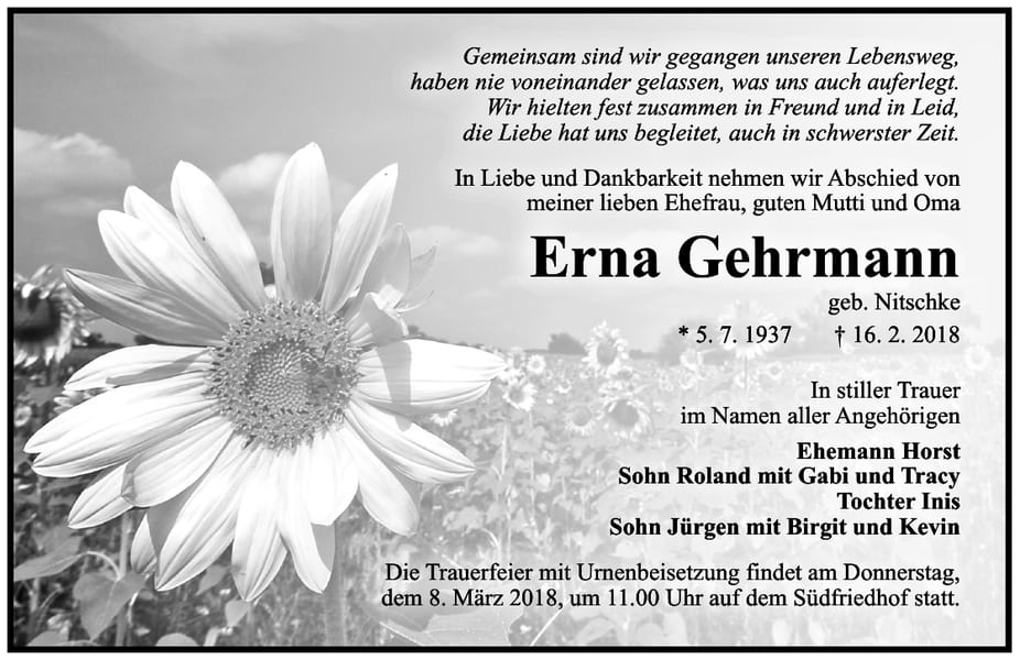 Traueranzeige Erna Gehrmann, geb. Nitschke