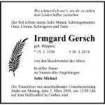 Traueranzeige Irmgard Gersch, geb. Höppner
