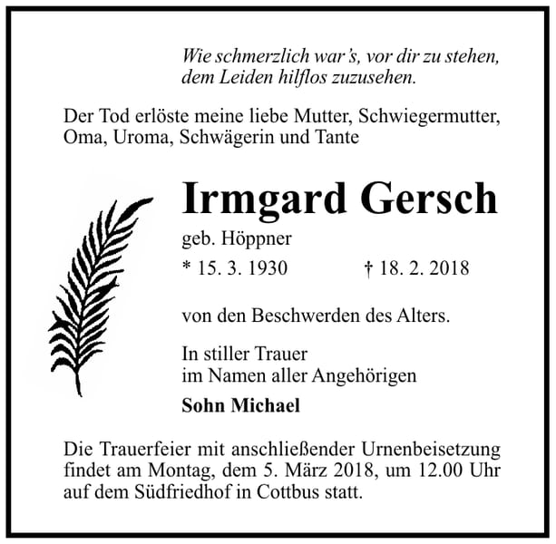 Traueranzeige Irmgard Gersch, geb. Höppner