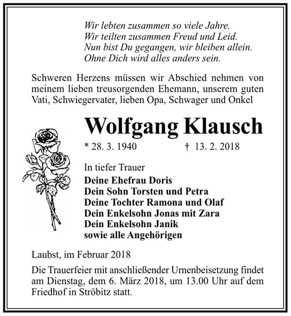 Traueranzeige Wolfgang Klausch