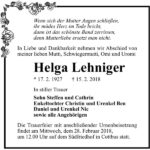 Traueranzeige Helga Lehniger